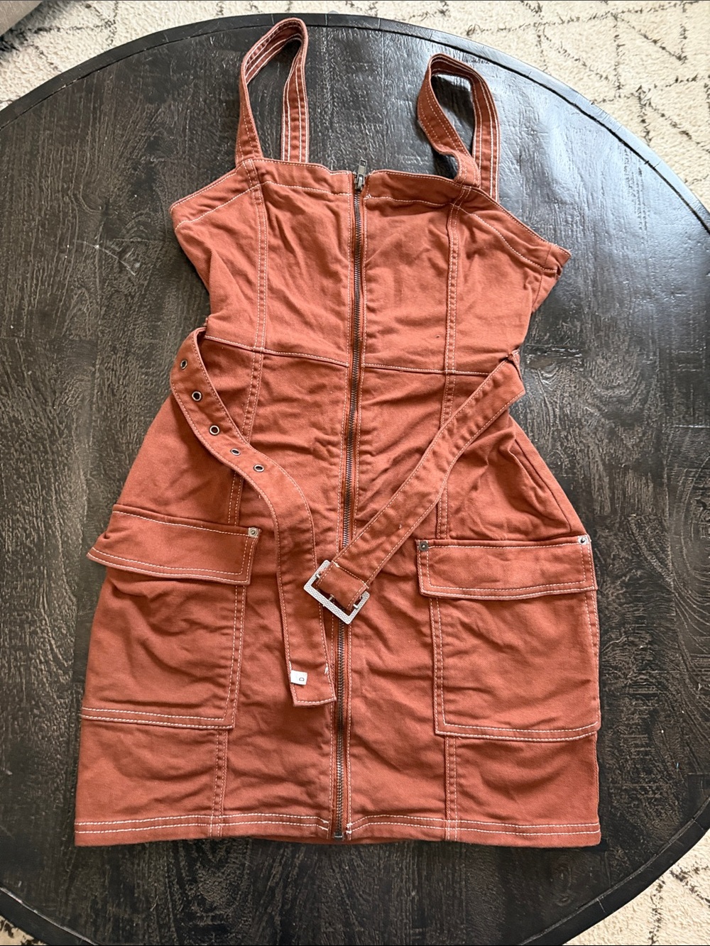 Divided Rust-Orange Zip-Front Mini Dress with Belt